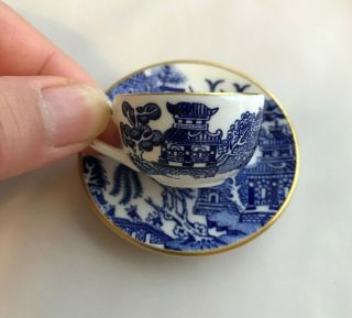 Vintage Coalport Bone China Blue Willow Mini Miniature Teacup Saucer Gold Trim