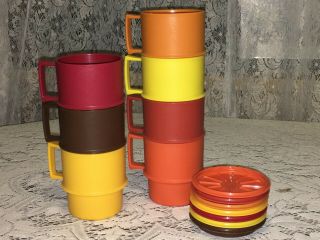 Vintage Tupperware Set 14 Coffee Mugs Cups W/ Coasters Lids Harvest Colors Euc