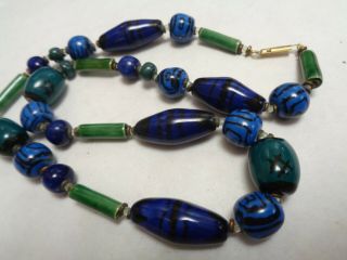 Vintage Heavy Chunky Green & Blue Art Glass Beaded Necklace