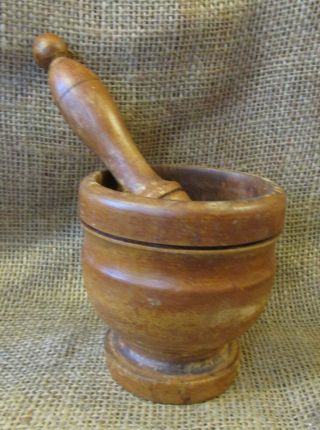 Vintage Farmhouse Kitchen Wood Mortar & Pestle,  Made In Italy - Primitive Rustic