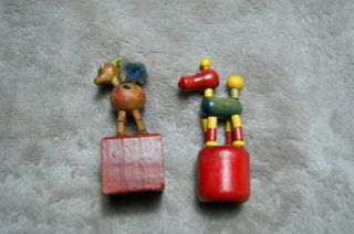 2 Vintage Colorful Wooden Dancing Deer / Horse Push Up Toys One Marked Italy