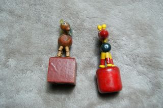 2 VINTAGE COLORFUL WOODEN DANCING DEER / HORSE PUSH UP TOYS ONE MARKED ITALY 2