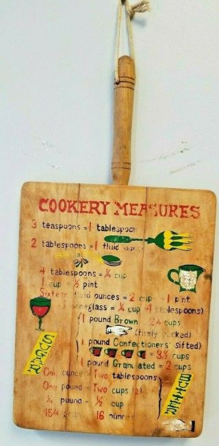 Vintage Primitive Wooden Plaque Painted Cookery Measures W Handle Hanging