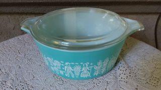 Vintage Pyrex Glass Turquoise Amish Butterprint 475 - B Covered Casserole 2 1/2 Qt