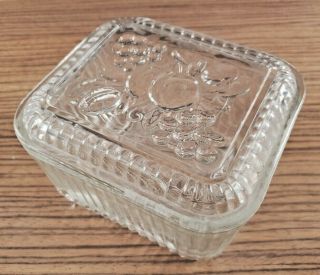 Vintage Federal Glass 5 " X 4 1/2 " Ribbed Refrigerator Dish With Fruit Motif