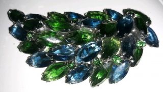Vintage Weiss Blue Green Stones Opened Backs Green Rhinestone Leaf Brooch Pin