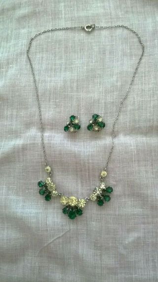 Vintage Art Deco Emerald Green Paste Glass Necklace & Ear Ring Set