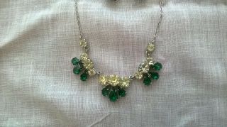 Vintage Art Deco Emerald Green Paste Glass Necklace & ear ring set 2