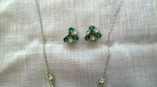 Vintage Art Deco Emerald Green Paste Glass Necklace & ear ring set 3