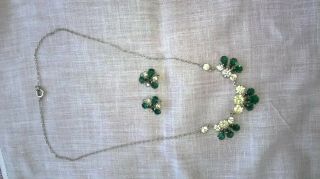 Vintage Art Deco Emerald Green Paste Glass Necklace & ear ring set 4