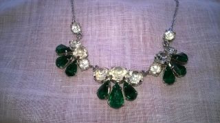 Vintage Art Deco Emerald Green Paste Glass Necklace & ear ring set 5