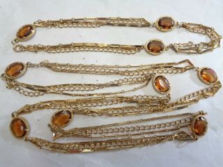 Vintage Emmons 2 Multi 3 Strand Gold Tone Amber Bezel Lucite Link Chain Necklace