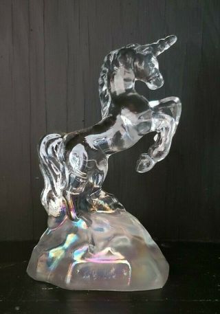 Vintage Fenton Iridescent Bottom Clear Top Art Glass Unicorn 5 1/4 " Tall