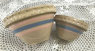 Vtg Mccoy Usa Pottery Pink&blue Band/stripe Yellowware 6.  5 " & 4.  5 " Mixing Bowls