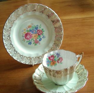 Vintage Imperial Bone China Tea Trio—green With Floral & 22 Kt.  Gold Decoration.
