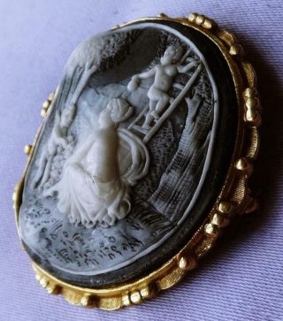 Vintage Large Classical Lady & Cherubs Scene Cameo Brooch 2