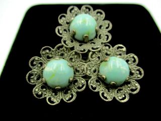 Vintage Silver Filigree Turquoise Glass Prong Set Stones Flowers Dress Brooch