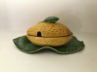 Vintage Majolica Bordallo Pinheiro Covered Jam Jar With Attached Leaf Shaped Und