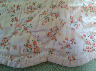 Vintage Satin Crib Blanket Hand Quilted Basket of Flowers Scalloped Edge Floral 3