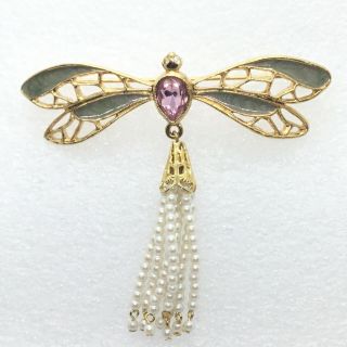 Signed Avon Vintage Dragonfly Brooch Pin Rhinestone Enamel Faux Pearl Dangles