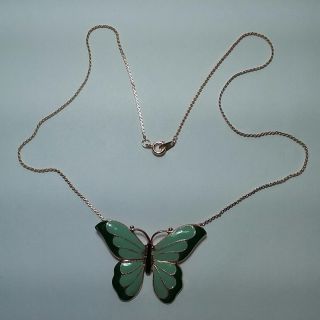 Vintage Butterfly Shaped 18 " Necklace - Gold Tone Green Black Enamel - Unworn