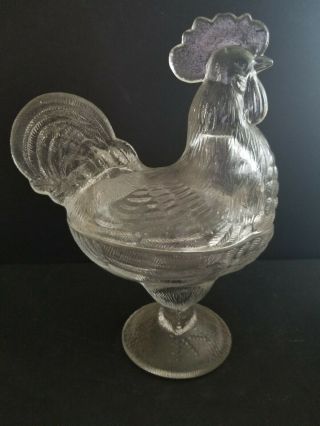 Vintage L E Smith Clear Glass Rooster/chicken Candy Dish