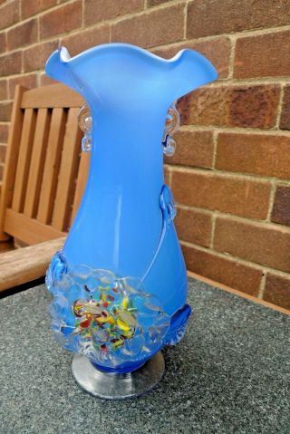 Vintage Murano Blue Cased Fluted Vase With Applied Floral Leaves