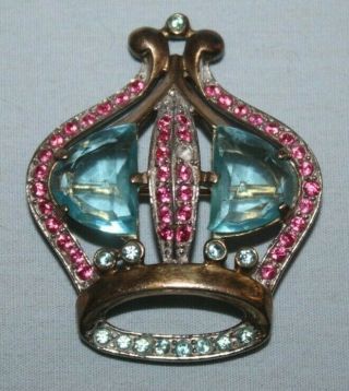 Vintage Crown Pin Brooch W/ Pink & Blue Rhinestones Gold Plated 2 " Tall