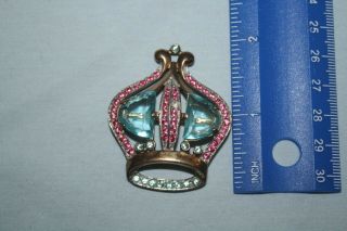 Vintage Crown Pin Brooch w/ Pink & Blue Rhinestones Gold Plated 2 