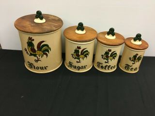 Vtg Metlox Poppytrail Green Rooster California Provincial 4 Pc.  Canister Set