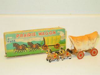 Vintage Wooden Prairie Wagon And Horses With Box,  Canvas Top,  Japan