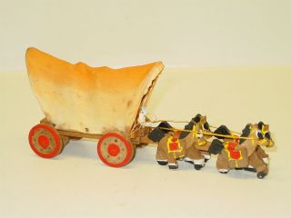 Vintage Wooden Prairie Wagon and Horses with Box,  Canvas Top,  Japan 2