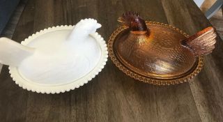 2 Vintage Indiana Glass Amber /milk Glass Chickens Hen On Best Candy Dish 7”