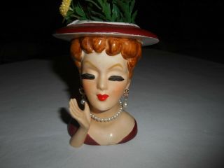 Vintage Head Vase Lady In Red Hat And Dress