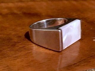 Vintage Modernist 925 Sterling Silver Mother Of Pearl Rectangle Band Ring Size 6