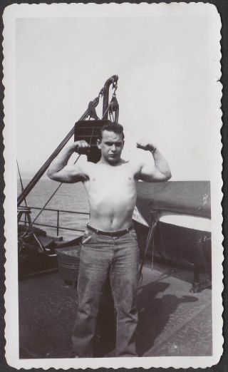 F724 - Shirtless Man On Ship Shows Off Muscles Old/vintage Photo Snapshot