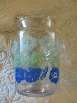 Vintage Clear Glass Water Ice Tea Pitcher Blue Morning Glory Flowers 50 