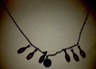 Vintage Necklace With Wooden Bowling Pins And Ball