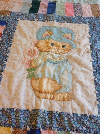 Small Hand Stitched Hand Made Vintage Quilt Throw W Cat,  42 X 52 "