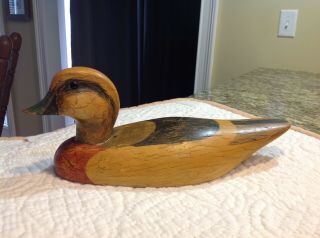Vintage Carved Wooden Duck Decoy Large 13.  5 " Detailed W/glass Eyes.  Solid