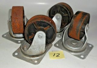 Set Of 4 Vintage Cast Iron Steel Casters With 4 " Wheels Marked 46 Bassick Usa 12