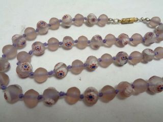 Vintage Frosted Purple Enamel Flower Painted Hand Knotted Glass Beaded Necklace