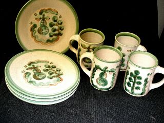 Vintage M A Hadley Stoneware Set 4 Mugs & 4 Plates Pear & Grape Folk Art Ky