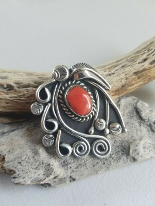 Authentic Vtg.  Native American Navajo Yazzie Sterling Silver Red Coral Pendant