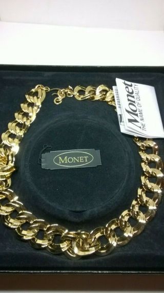 Vintage Jewellery Signed Monet Chunky Gold Tone Link Necklace With Leaflet & Box