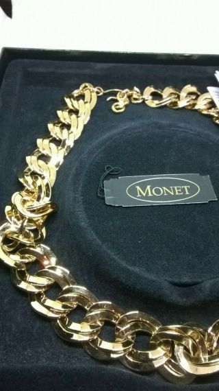 VINTAGE JEWELLERY SIGNED MONET CHUNKY GOLD TONE LINK NECKLACE WITH LEAFLET & BOX 2