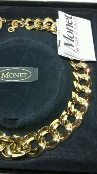 VINTAGE JEWELLERY SIGNED MONET CHUNKY GOLD TONE LINK NECKLACE WITH LEAFLET & BOX 3