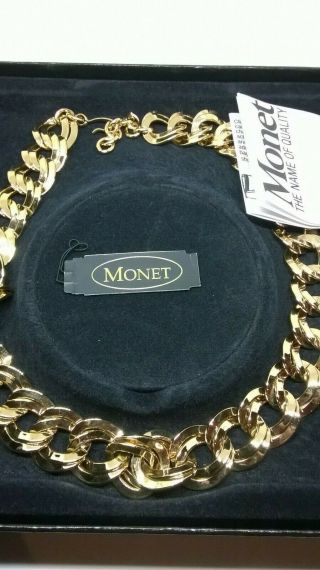 VINTAGE JEWELLERY SIGNED MONET CHUNKY GOLD TONE LINK NECKLACE WITH LEAFLET & BOX 5