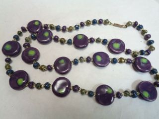 Vintage Heavy 30 Inch Long Lime Green & Purple Art Glass Beaded Necklace