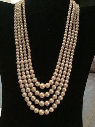 Vintage 4 Strand Faux Pearl Necklace Gold Clasp